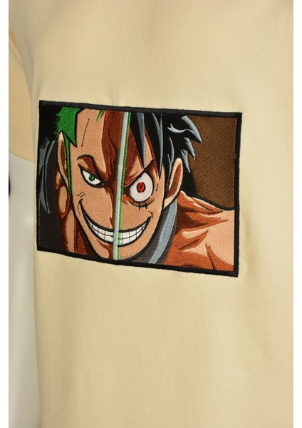 Erkek Bisiklet Yaka Bej Pamuklu Tişört One Piece Anime Nakışlı Işlemli T-Shirt