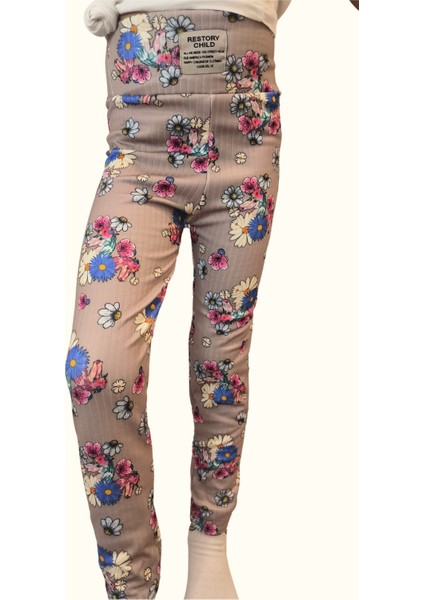 Kız Çocuk Esnek Şardonlu Fitilli Çiçek Desenli Tayt