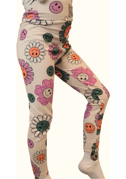 Kız Çocuk Esnek Şardonlu Fitilli Çiçek Desenli Tayt