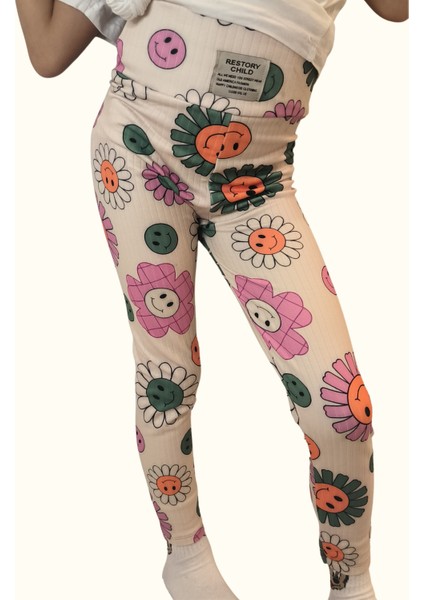 Kız Çocuk Esnek Şardonlu Fitilli Çiçek Desenli Tayt modelleri