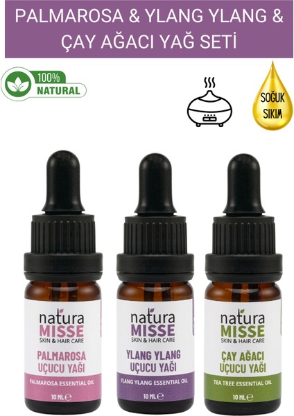 Çay Ağacı Uçucu Yağı 10 ml Ylang Uçucu Yağı 10 ml Palmarosa Uçucu Yağı 10 ml %100 Saf