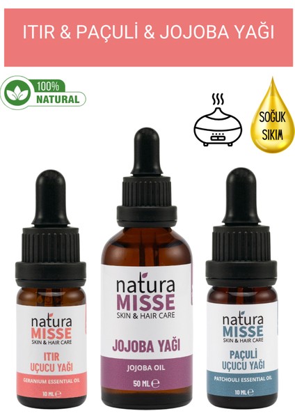 NaturaMisse Jojoba Yağı 50 ml Itır Uçucu Yağı 10 ml Paçuli Uçucu Yağı 10 ml %100 Saf Doğal