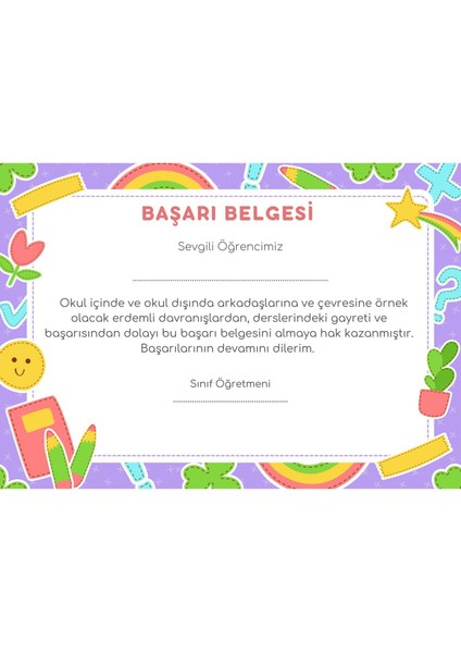 20 Adet A4 Boyutunda Öğrenci Başarı Belgesi - Anaokul - Ilkokul Başarı Belgesi (Model 9)