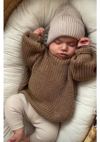 Unisex Kahverengi Bebek Çocuk Triko Kazak Bluz Üst
