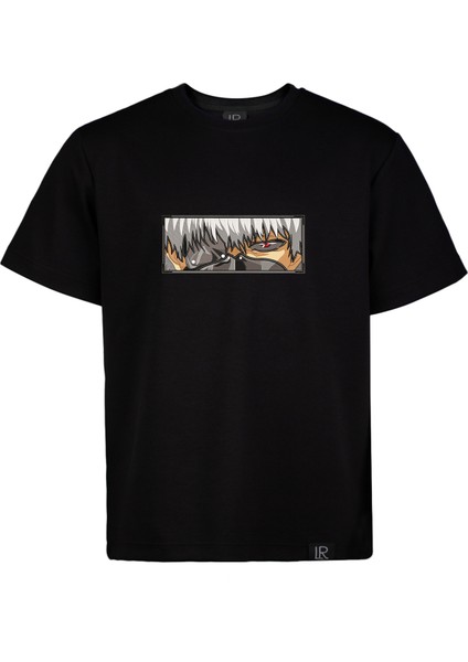 Loose Fit Siyah Kısa Kollu Unisex Tişört Bisiklet Yaka Full Nakışlı Anime Tokyo Ghoul Tshirt