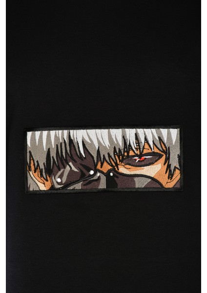 Loose Fit Siyah Kısa Kollu Unisex Tişört Bisiklet Yaka Full Nakışlı Anime Tokyo Ghoul Tshirt