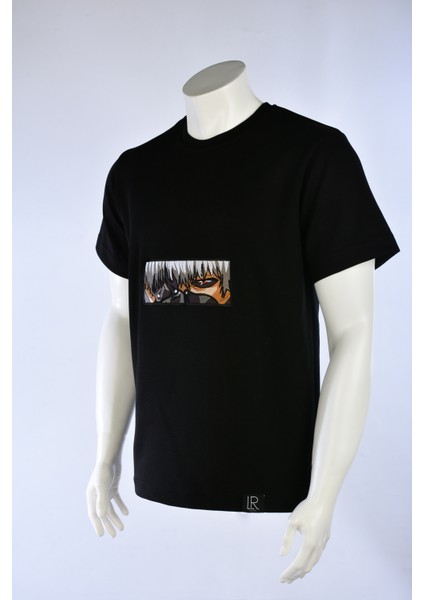 Loose Fit Siyah Kısa Kollu Unisex Tişört Bisiklet Yaka Full Nakışlı Anime Tokyo Ghoul Tshirt