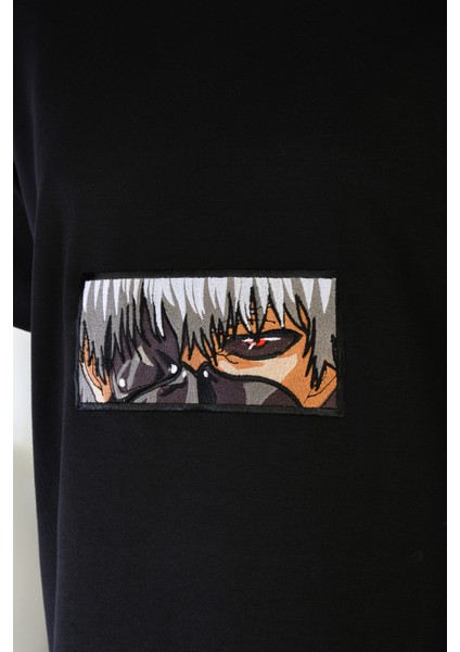 Loose Fit Siyah Kısa Kollu Unisex Tişört Bisiklet Yaka Full Nakışlı Anime Tokyo Ghoul Tshirt