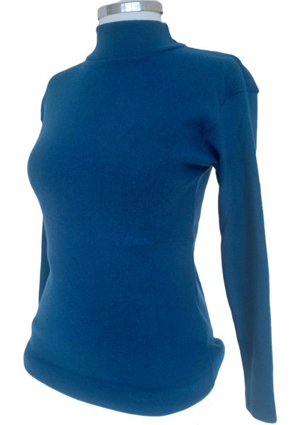 Uzun Kollu Yarım Balıkçı Yakalı Fitilli Saks Mavi Body