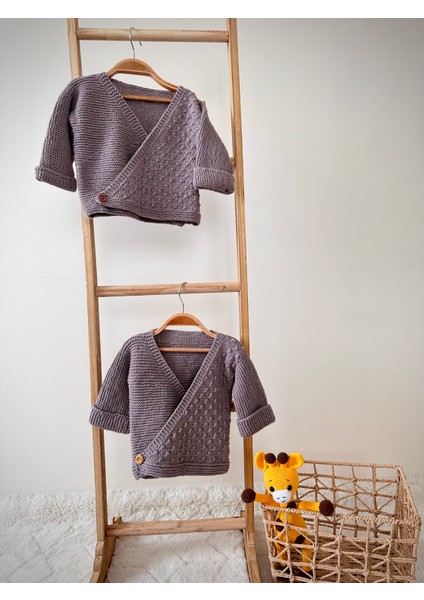 %100 Pamuk El Örgüsü Pamuk Kruvaze Hırka Unisex Mürdüm