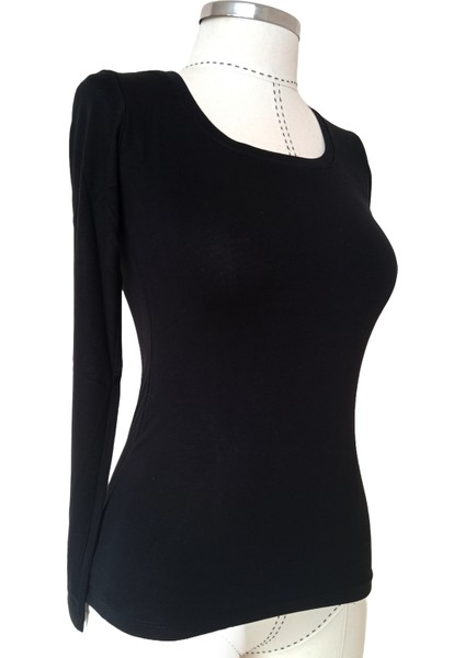 Uzun Kollu Kare Yakalı Siyah Body