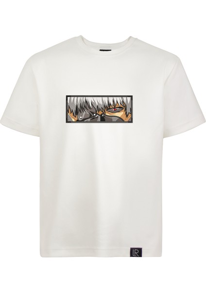 Loose Fit Beyaz Kısa Kollu Unisex Tişört Bisiklet Yaka Full Nakışlı Anime Tokyo Ghoul Tshirt