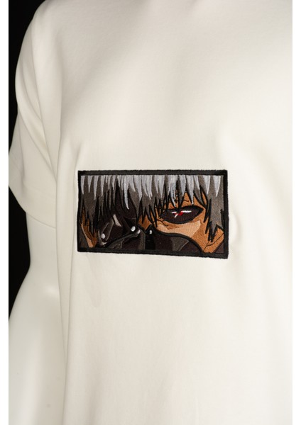 Loose Fit Beyaz Kısa Kollu Unisex Tişört Bisiklet Yaka Full Nakışlı Anime Tokyo Ghoul Tshirt