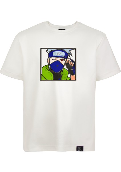 Beyaz Unisex Relaxed Fit Bisiklet Yaka Tişört Anime Full Nakışlı Naruto Kakashi Pamuklu Tshirt