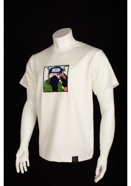Beyaz Unisex Relaxed Fit Bisiklet Yaka Tişört Anime Full Nakışlı Naruto Kakashi Pamuklu Tshirt modelleri