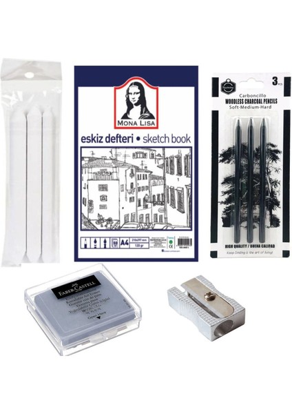 Eskiz Çizim Seti ,a4 Eskiz Defteri , 3lü Kömür Kalem , 3lü Pastel Dağıtıcı ,hamur Silgi , Açacak