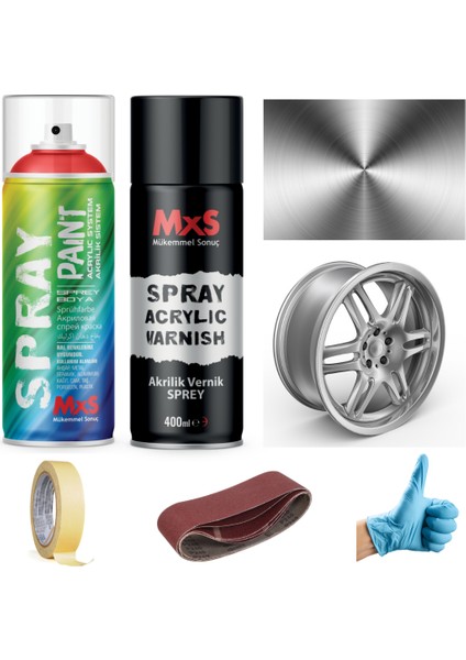 Metalik Gümüş Jant Seti Sprey + Vernik 400 ml + Zımpara + Bant + Eldiven