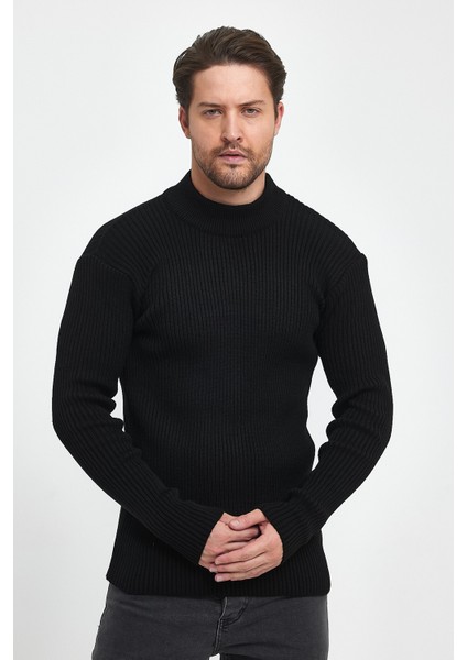 Erkek Siyah Regular Fit Yarım Balıkçı Yaka Fitilli Triko Kazak RF0447
