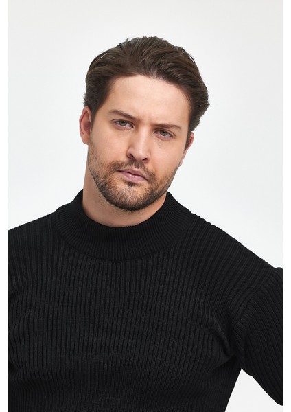 Erkek Siyah Regular Fit Yarım Balıkçı Yaka Fitilli Triko Kazak RF0447 modelleri
