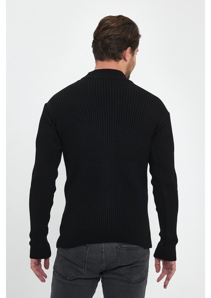 Erkek Siyah Regular Fit Yarım Balıkçı Yaka Fitilli Triko Kazak RF0447 indirimleri