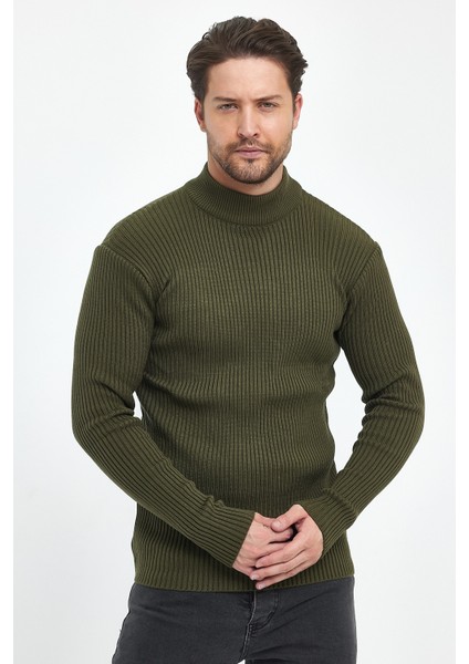 Erkek Haki Regular Fit Yarım Balıkçı Yaka Fitilli Triko Kazak RF0447