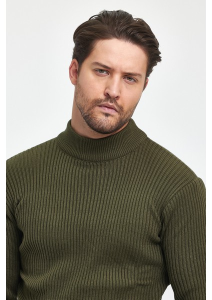 Erkek Haki Regular Fit Yarım Balıkçı Yaka Fitilli Triko Kazak RF0447 modelleri