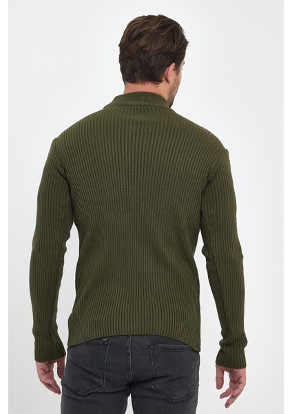 Erkek Haki Regular Fit Yarım Balıkçı Yaka Fitilli Triko Kazak RF0447 indirimleri