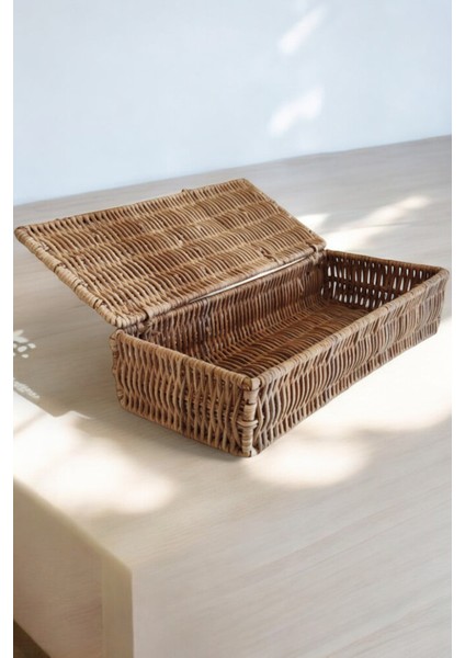 Doğal Rattan Kapaklı Saklama Kutusu El Yapımı Çok Amaçlı Kutu Takı ve Aksesuar Düzenleyici 25 cm Oceanpoint