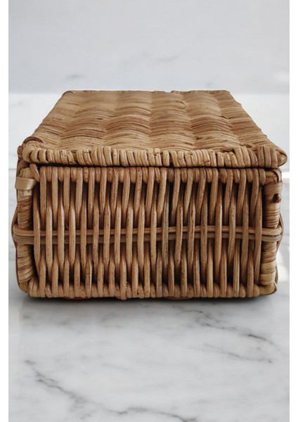Doğal Rattan Kapaklı Saklama Kutusu El Yapımı Çok Amaçlı Kutu Takı ve Aksesuar Düzenleyici 25 cm Oceanpoint