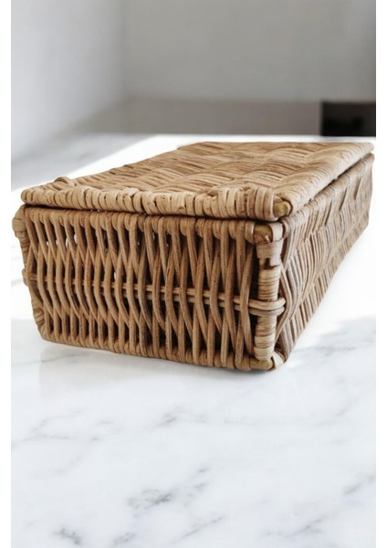 Doğal Rattan Kapaklı Saklama Kutusu El Yapımı Çok Amaçlı Kutu Takı ve Aksesuar Düzenleyici 25 cm Oceanpoint