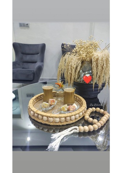 Boncuklu Tepsi 18CM, Hasır Tepsi, Bohem Sepet, Bambu Sepet