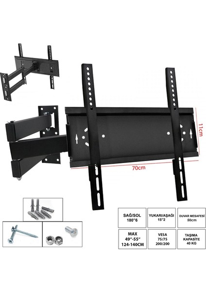 7011 LCD Askı Aparatı Hareketli 3 Kol Curvet 49-55 Inç 124-140CM