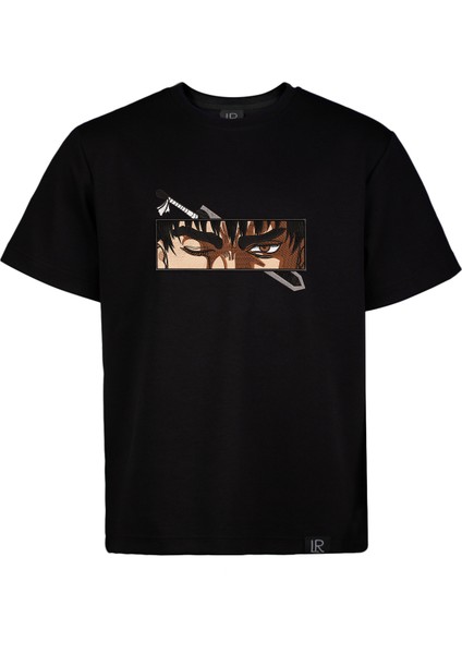 Unisex Siyah Bisiklet Yaka Pamuklu Tshirt Nakışlı Berserk Guts Anime Regular Tişört