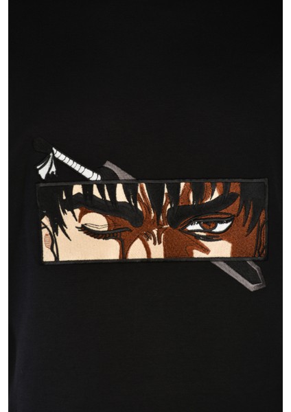 Unisex Siyah Bisiklet Yaka Pamuklu Tshirt Nakışlı Berserk Guts Anime Regular Tişört fiyatları