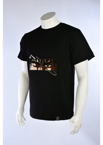 Unisex Siyah Bisiklet Yaka Pamuklu Tshirt Nakışlı Berserk Guts Anime Regular Tişört modelleri