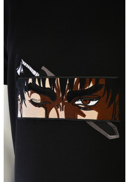 Unisex Siyah Bisiklet Yaka Pamuklu Tshirt Nakışlı Berserk Guts Anime Regular Tişört indirimleri