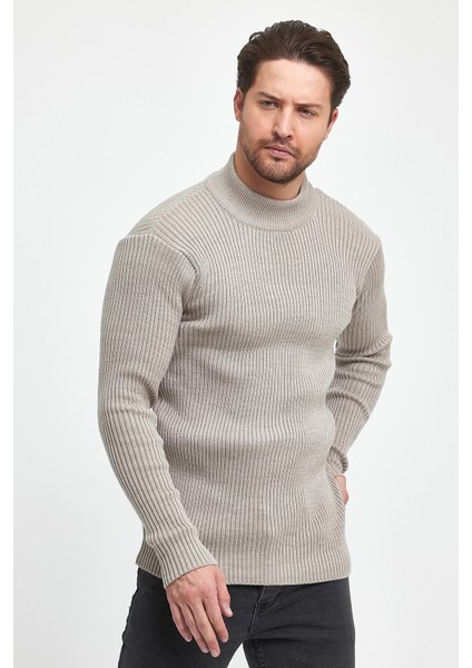 Erkek Vizon Regular Fit Yarım Balıkçı Yaka Fitilli Triko Kazak RF0447 fiyatları