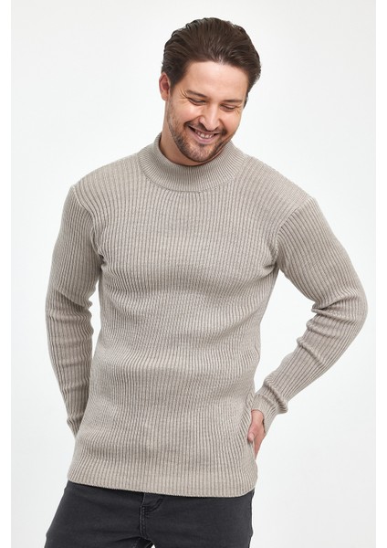 Erkek Vizon Regular Fit Yarım Balıkçı Yaka Fitilli Triko Kazak RF0447 fırsatları