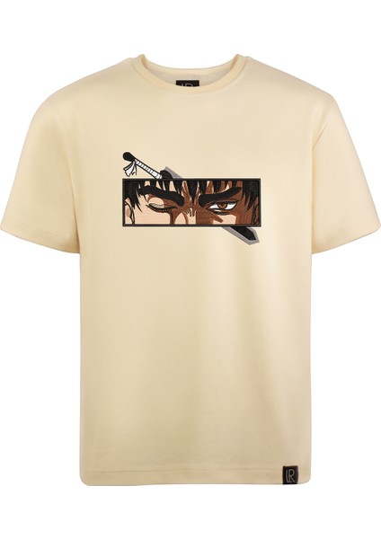 Unisex Bej Bisiklet Yaka Pamuklu Tshirt Nakışlı Berserk Guts Anime Regular Tişört