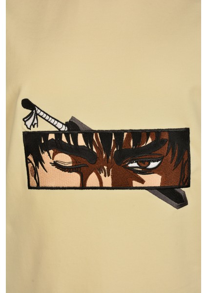 Unisex Bej Bisiklet Yaka Pamuklu Tshirt Nakışlı Berserk Guts Anime Regular Tişört