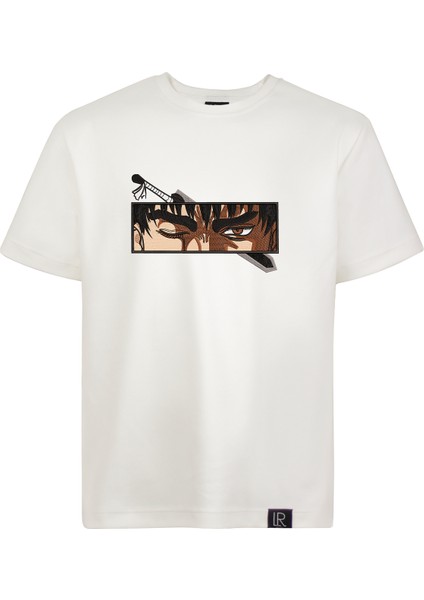 Unisex Beyaz Bisiklet Yaka Pamuklu Nakışlı Berserk Guts Anime Regular Tişört