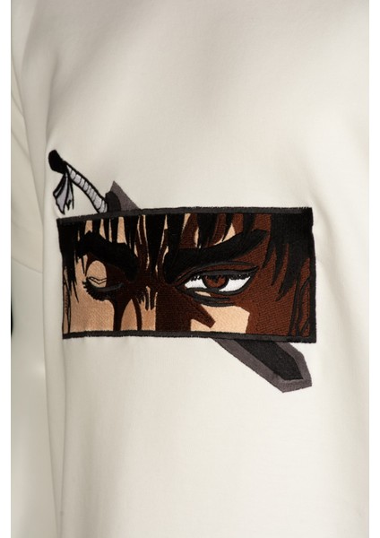 Unisex Beyaz Bisiklet Yaka Pamuklu Nakışlı Berserk Guts Anime Regular Tişört