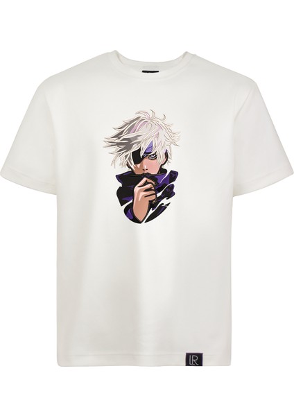 Anime Unisex Kısa Kollu Beyaz Loose Fit %100 Nakışlı Işlemli Gojo Satoru Tişört