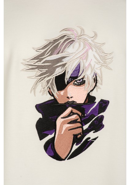 Anime Unisex Kısa Kollu Beyaz Loose Fit %100 Nakışlı Işlemli Gojo Satoru Tişört