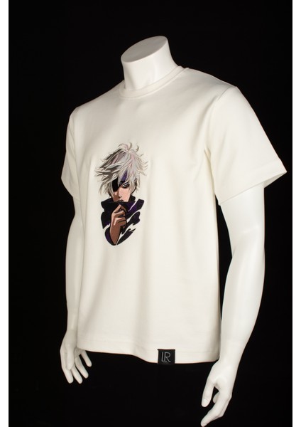 Anime Unisex Kısa Kollu Beyaz Loose Fit %100 Nakışlı Işlemli Gojo Satoru Tişört