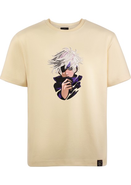 Anime Unisex Kısa Kollu Bej Loose Fit %100 Nakışlı Işlemli Gojo Satoru Tişört