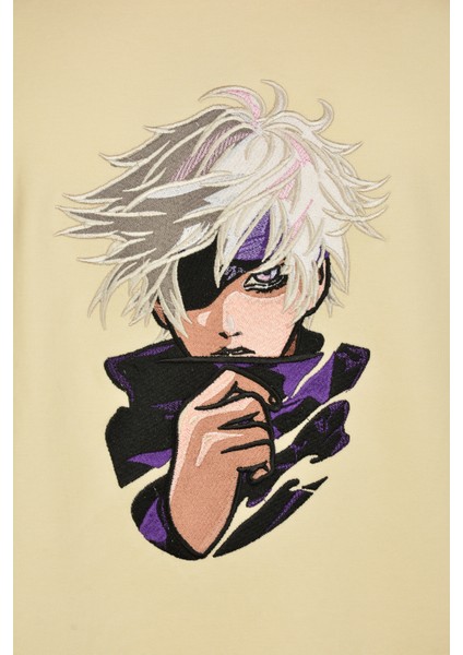 Anime Unisex Kısa Kollu Bej Loose Fit %100 Nakışlı Işlemli Gojo Satoru Tişört