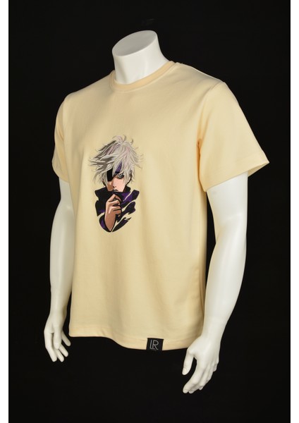 Anime Unisex Kısa Kollu Bej Loose Fit %100 Nakışlı Işlemli Gojo Satoru Tişört
