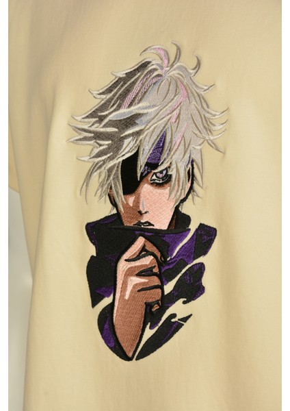 Anime Unisex Kısa Kollu Bej Loose Fit %100 Nakışlı Işlemli Gojo Satoru Tişört