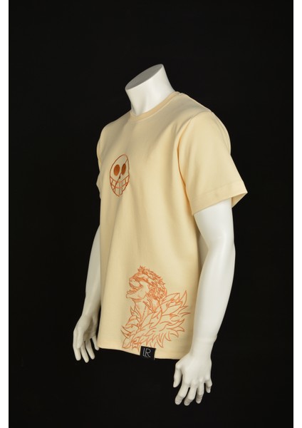 Unisex Basic Kısa Kollu Bej Tişört %100 Nakışlı One Piece Anime Relaxed Fit Pamuklu Tshirt